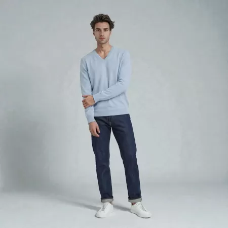 Pull Cachemire Col V Bleu Clair