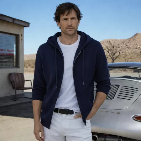 Sweat à capuche Zippé en cachemire Bleu Marine